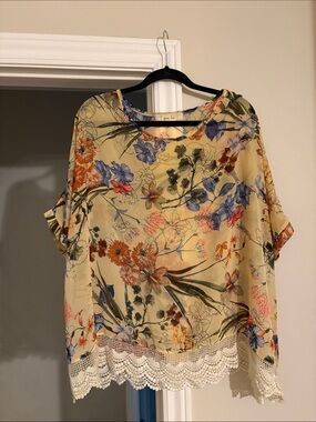 Grace and Lace Floral Lace-Hem Women's Top in Beige